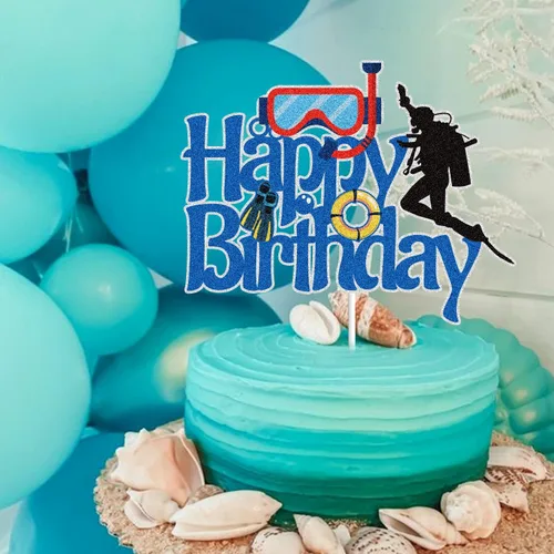 Vista 3 de Decoración para tartas de cumpleaños con purpurina azul, buceo, deportes submarinos, océano, verano, natación, pastel, decoración, buceador