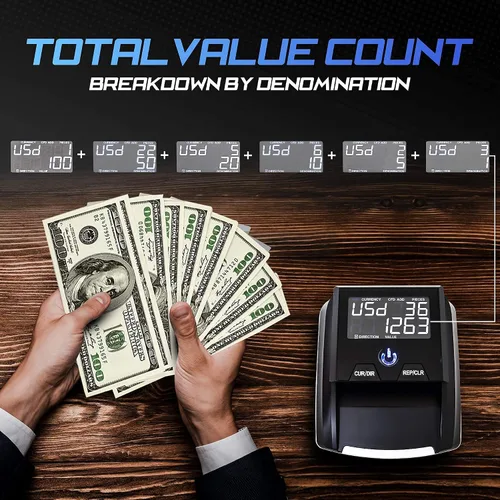 Vista 5 de DETECK DT10C Máquina detector de billetes falsificados portátil, dirección automática de 4 vías USD y EUR contador de valor, detector de dinero