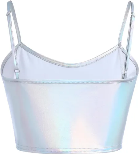 Vista 3 de Top corto holográfico metálico brillante con hombros descubiertos para mujer, blusa de tubo para rave, casual, sin tirantes, chaleco básico sexy