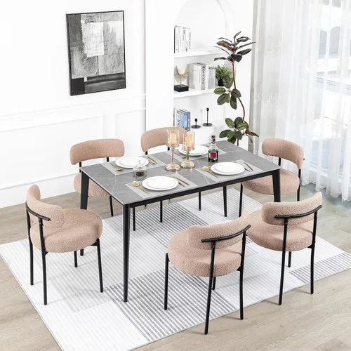 Vista 22 de DYHOME - Juego de 2 sillas de comedor de bouclé negro, sillas de cocina modernas de mediados de siglo con respaldo curvo y patas de metal, sillas