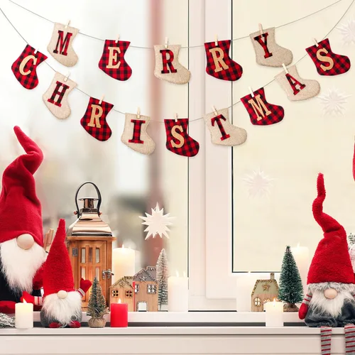 Vista 7 de Cartel de arpillera de Feliz Navidad, decoración navideña en forma de calcetín, decoración colgante para interiores y exteriores, decoraciones