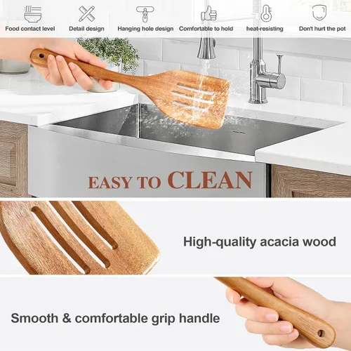 Vista 12 de Utensilios de cocina de madera, 6 piezas de cucharas de madera de acacia natural para cocinar con diseño antiadherente y resistente al calor, juego