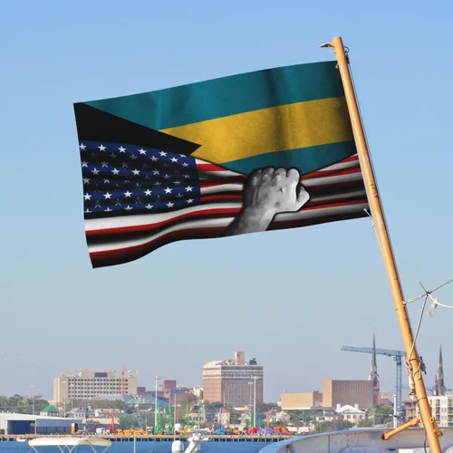 Vista 4 de Bandera estadounidense y bandera de las Bahamas de las Bahamas para exteriores de 3 x 5 pies, tres capas de tela para coser a doble cara, impresión