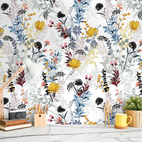 Vista 3 de VEELIKE Papel tapiz de flores silvestres para despegar y pegar, papel de contacto floral para paredes, 17.7 x 118 pulgadas, papel de pared de vinilo