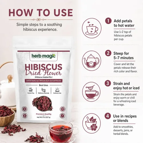Vista 7 de Flores secas de hibisco perfectas para té y agua fresca mexicana, flor de jamaica, flores enteras y pétalos Herbmagic