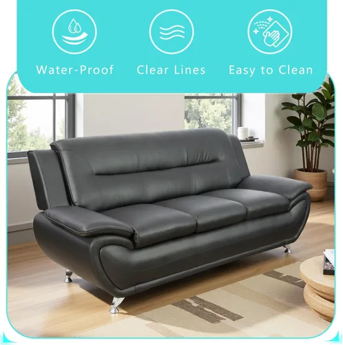Vista 4 de Juego de muebles de sala de estar de 3 piezas, sofás seccionales, juego de sofá de cuero negro, juego de sofá moderno para sala de estar, negro#2