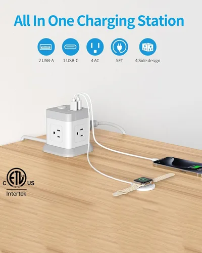Vista 2 de FDTEK - Tira de alimentación USB C de 2 clavijas, 4 tomas de corriente, 3 USB, cable de extensión de 5 pies, color blanco 2 Prong Desktop Charging