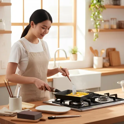 Vista 5 de Sartén japonesa Tamagoyaki de hierro fundido, pre-sazonada, tratada con nitrógeno líquido, no se oxida, lista para usar, mango de madera