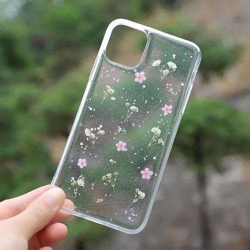 Vista 7 de Compatible con iPhone 15 Pro Max Flower Case, funda de goma suave y flexible prensada seca con flores reales para niñas, funda transparente