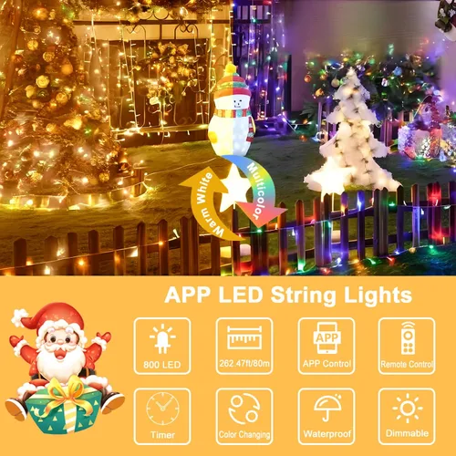 Vista 2 de Tira de luces LED inteligentes, 800 LEDs, 80m/262 pies, luces de Navidad impermeables con control remoto, blanco cálido y color, múltiples modos