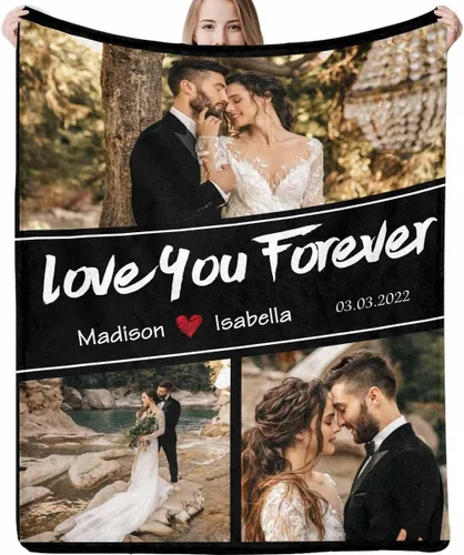 Vista 11 de Manta de fotos personalizada, manta de pareja de boda, con texto en inglés «He Asked And She Said Yes», 4 fotos, manta de boda, regalo romántico