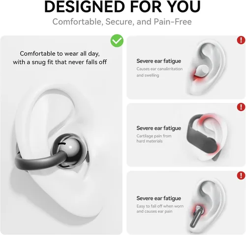 Vista 3 de Auriculares con clip abiertos con Bluetooth 5.4, reproducción de 48 horas, IPX6 impermeable, control táctil, cómodos para entrenamientos y uso Blcak