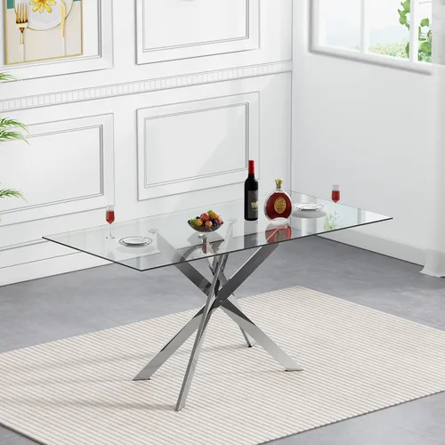Vista 24 de SSLine Mesa de comedor moderna de cristal, rectangular de 51 pulgadas, color negro con patas de metal diseñadas en X para cocina y comedor