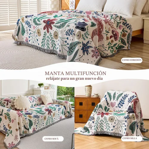 Vista 3 de VANJOROY Cobija fina bohemia, 100% algodón tejido a mano sudoccidental con decoración floral de granja reversible, cobija para todas las estaciones