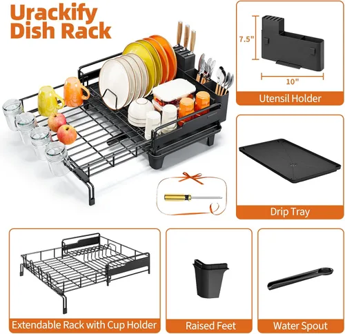 Vista 7 de Urackify - Escurridor de platos extendible, estante de secado de platos grande para encimera de cocina, escurridor de platos a prueba de óxido