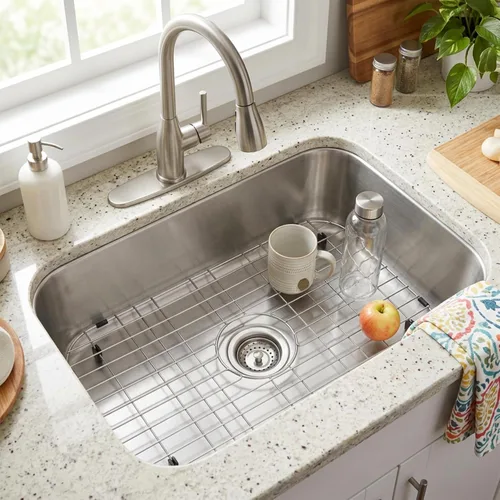 Vista 2 de Rejilla de fregadero de cocina Zeesink, protectores de fregadero de 18 1/2" X 13 3/8", rejilla de fregadero de acero inoxidable con drenaje central