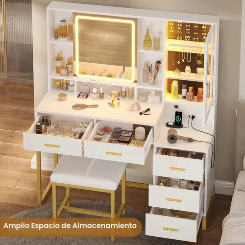 Vista 8 de BTHFST Tocador de maquillaje con taburete tapizado y estación de carga, escritorio con espejo y luces, juego de mesa de tocador con almacenamiento