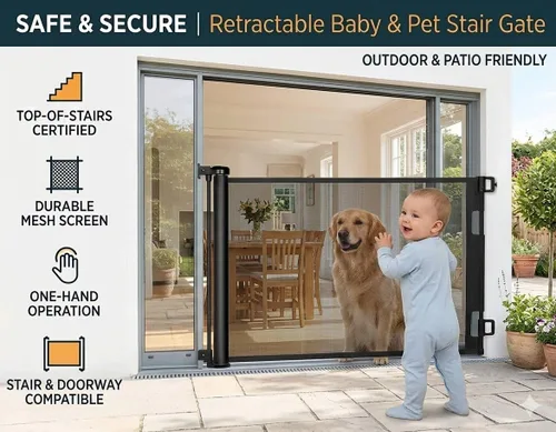 Vista 2 de Puerta de seguridad retráctil para bebés y perros, color negro