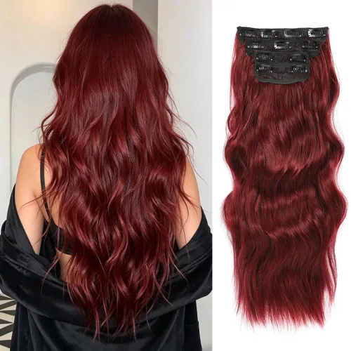 Vista 13 de Extensiones de cabello ondulado largo con clip, 4 piezas de extensiones de cabello sintético grueso con clip, para mujer (#4)