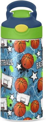 Vista 2 de Stars Basketball - Botella de agua aislada para niños y niñas con tapa de pajilla, vaso de acero inoxidable de 12 onzas, a prueba de fugas, sin BPA