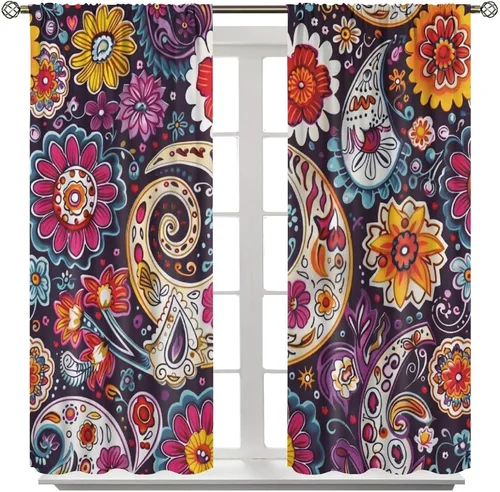 Vista 49 de Cortinas opacas con estampado de flores de cachemira, estampado de cachemira sobre fondo blanco, para decoración del hogar, cocina, restaurante