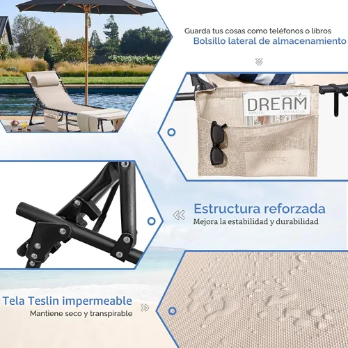 Vista 6 de Flamaker Silla de Tumbona Plegable Ajustable en 5 Posiciones, Silla para Tomar el Sol con Bolsillo Lateral, Silla de Bronceado al Aire Libre