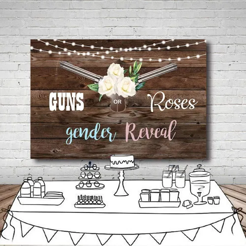 Vista 5 de MEHOFOND Pistolas o rosas para revelación de género para fiesta de fondo de fotos, luces de madera rústica con purpurina, unisex, decoración de baby