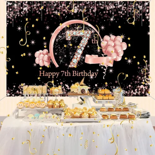 Vista 5 de Cartel de tela para decoración de cumpleaños número 7 para niñas, cartel de tela para fiesta de cumpleaños de niña de 7 años, fondo de foto negro