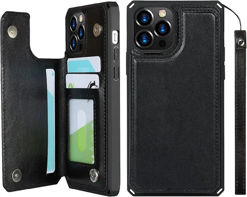 Vista 14 de iCoverCase Compatible con iPhone 12/12 Pro Wallet Funda para teléfono con tarjetero para mujer, bloqueo RFID en relieve de piel sintética con correa