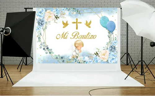 Vista 4 de Telón de fondo de bautismo, 7 x 5 pies, diseño de hojas de eucalipto florales azules y rosas, fondo de fotografía con tema de ángel, decoración