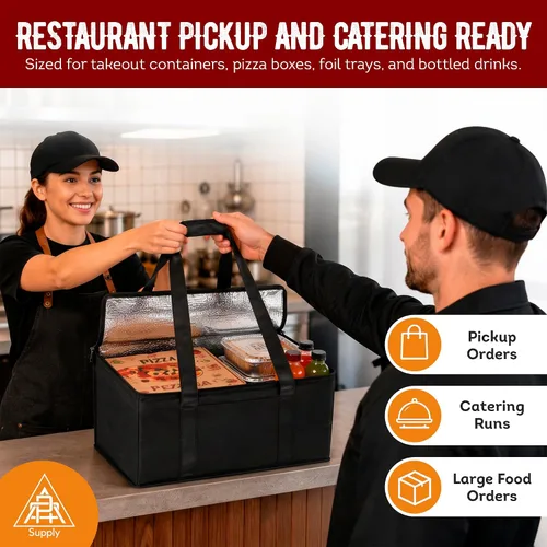 Vista 5 de APQ Supply Bolsa de entrega de alimentos aislada negra, bolsas de comestibles aisladas con cierre superior, bolsa de catering para entregas