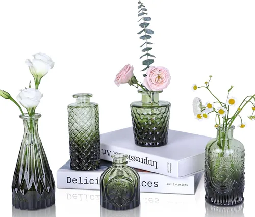 Vista 18 de UPBUD Juego de 5 jarrones de cristal ámbar, pequeños jarrones marrones para flores Mini jarrones a granel para decoraciones de boda, jarrón