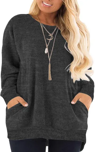 Vista 9 de DOLNINE Sudaderas de talla grande para mujer, con bloques de color, manga larga, con bolsillo 01_ negro