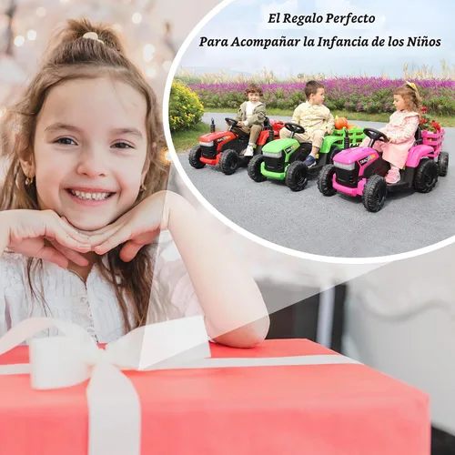 Vista 5 de TOBBI - Tractor de juguete a batería de 12 V con remolque color verde, rosado y rojo