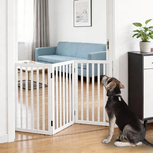 Vista 14 de Puerta para perros para interiores, valla independiente para perros, para la casa, puertas, pasillos o escaleras, puerta para mascotas plegable