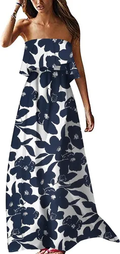 Vista 17 de ZMPSIISA Vestido largo de verano para mujer, con hombros descubiertos, sin A-flor azul