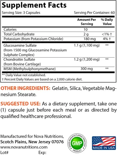 Vista 2 de Nova Nutritions Triple fuerza glucosamina condroitina MSM 2600 mg/cápsulas para servir, apoya articulaciones saludables, cartílago y tejido