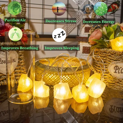 Vista 2 de Guirnalda de luces de sal del Himalaya con interruptor, 20 luces LED de bloque de sal natural con interfaz USB adecuadas para decorar el hogar