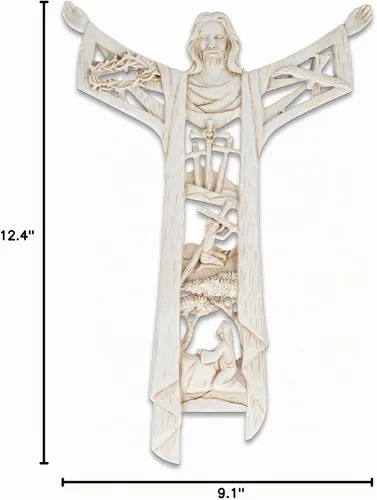 Vista 7 de The Risen Christ Calvary Story - Cruz de pared de piedra de resina de grano de madera de 11 pulgadas