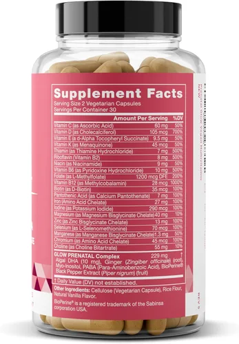 Vista 8 de Glow Vitaminas prenatales + folato & DHA – Multivitamínico para nutrir el embarazo, para bebés y mamá saludables – Ácido fólico, jengibre, zinc