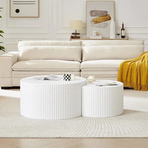 Vista 22 de Juego de 2 mesas de centro redondas negras de 55.12 pulgadas, mesa lateral moderna para sala de estar, diseño contemporáneo de círculo de madera