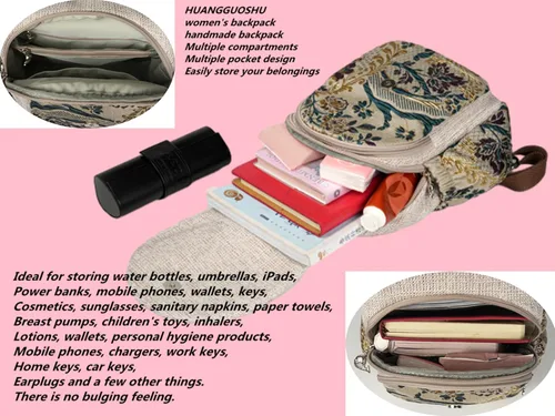 Vista 128 de HUANGGUOSHU Mochila de algodón tejida de algodón bohemio con bordado de lona estilo bohemio con múltiples bolsillos retro linda mochila cartera