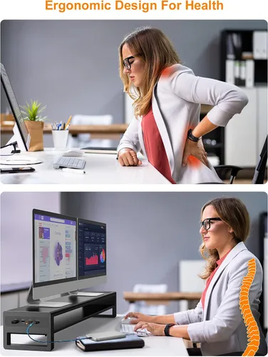 Vista 5 de Soporte de monitor dual de 2 niveles con almohadilla de carga automática, 4 puertos USB 3.0 concentrador, soporte de escritorio de metal