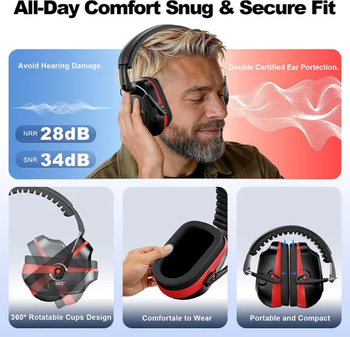 Vista 4 de Noise Reduction Ear Muffs, NRR 34dB Ear Protection for Adults Black Red