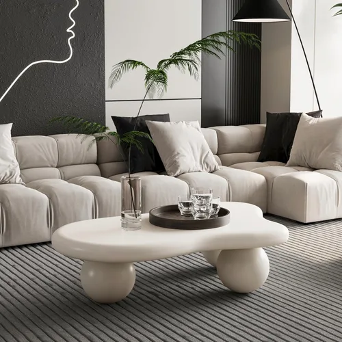 Vista 13 de Mesa de centro Cloud de 47.2 pulgadas con 3 patas de bola, moderna mesa central irregular para sala de estar, mesa de té pequeña baja y bonita