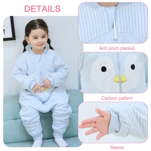 Vista 5 de Happy Cherry Saco de dormir de algodón grueso de invierno para bebé, manta cálida con mangas desmontables, Pingüino - Azul