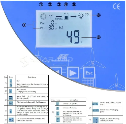 Vista 4 de MPPT Wind Energy - Controlador de carga híbrida solar de 12 V, 24 V, 48 V, turbina eólica, ajuste de voltaje automático