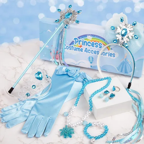 Vista 7 de Shindel 8 accesorios de disfraz de princesa, corona de princesa, guantes, collar, aretes, banda para el cabello, disfraz de cosplay para niñas