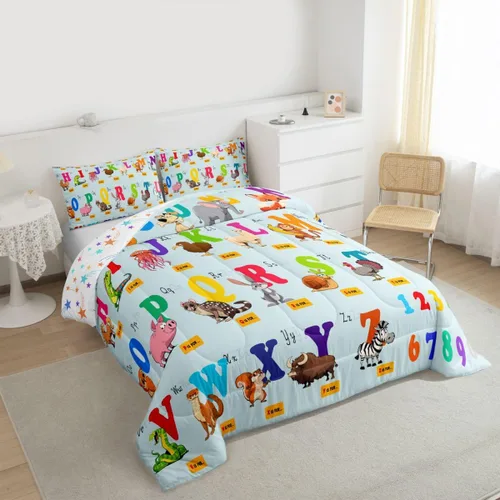 Vista 2 de jejeloiu Juego de edredón educativo para niños, tamaño matrimonial, juego de ropa de cama con números del alfabeto ABC para niños y niñas pequeños