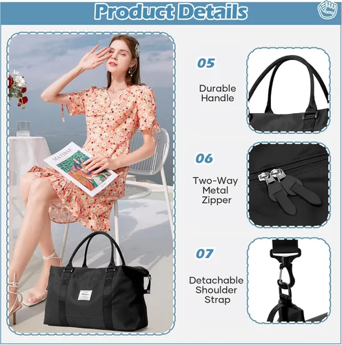 Vista 5 de Pequeña bolsa de gimnasio negra para mujer, elegante bolsa de viaje para avión, bolsa de lona ligera para mujeres y hombres, bolsa